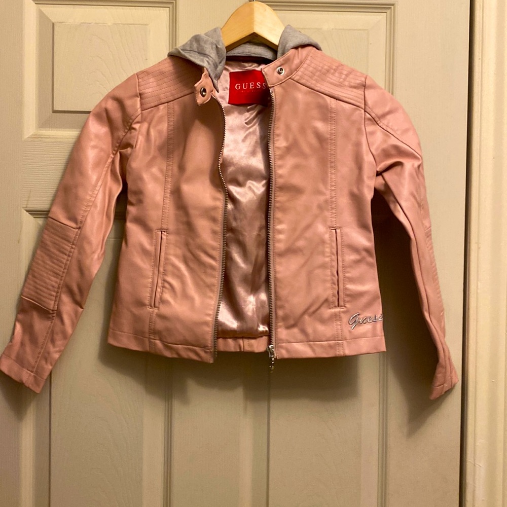 Girls guess pink moto faux-leather jacket size 7